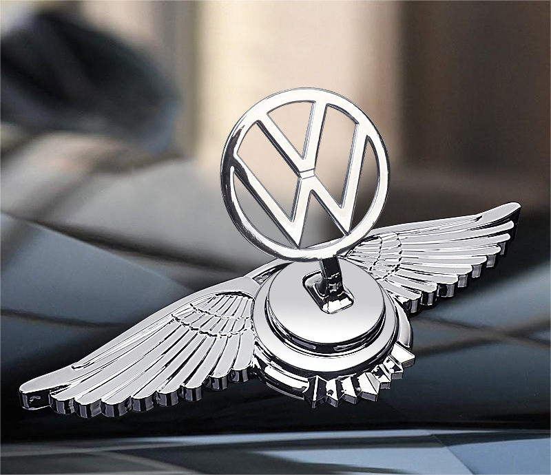 Volkswagen VW engine hood logo with angel wings - 3D chrome metal emblem for car bonnet customization
